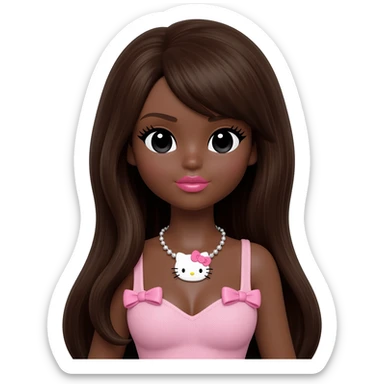 hello kitty necklace, doll eyes, Doll, big chest, dark brown skin, long dark brown hair, black cute eyes, pink bows with cute lips sticker