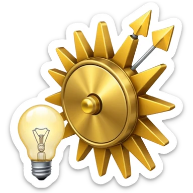 a gear with golden raising arrow behind it on the right side, and then a small golden beaming light bulb on the left side sticker