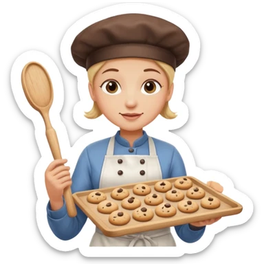 a baker holding a tray of cookies with a rolling pin sticker