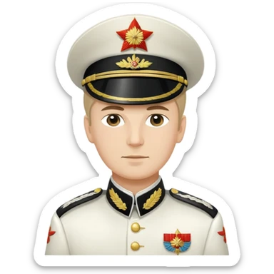 White Army officer from Russian Civil War with white uniform, epaulettes, and traditional military cap sticker