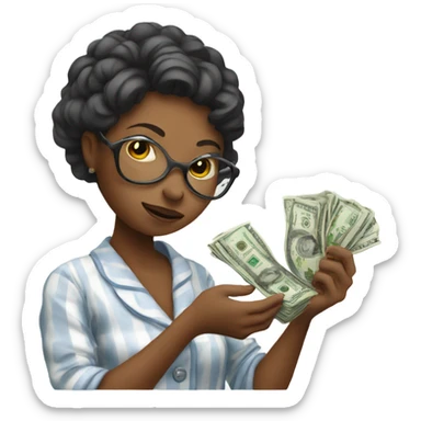 Woman in pajamas counting money  sticker
