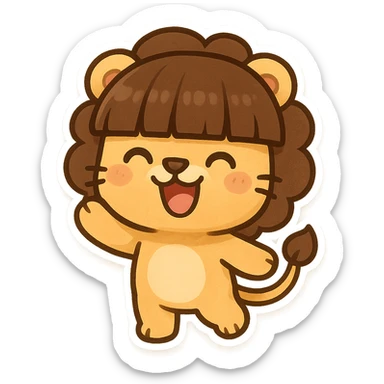 funny lion with exaggerated bowl cut bangs, cheerful mood, chibi stickers style sticker