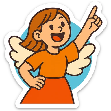 girl with light brown shoulder-length hair and white wings joyfully pointing to the sky sticker