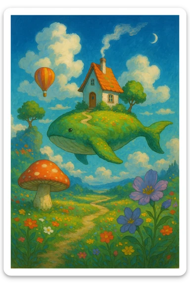 similar variant in Ghibli style, with an original artistic background and unusual arrangement of elements, vibrant colors, dreamy mood sticker