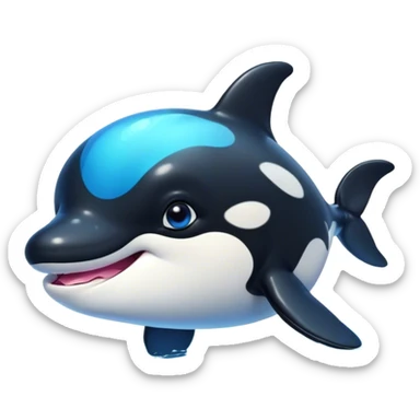 Cinematic Cute orca Portrait Emoji, Head tilted playfully and inquisitively, featuring a smoothly rounded body with bright, sparkling eyes and an adorable, friendly smile, Simplified yet irresistibly adorable features, highly detailed, glowing with a warm, ocean-blue glow, high shine, affectionate and lively, stylized with a touch of whimsical aquatic charm, soft glowing outline, capturing the essence of a mischievous yet endearing orca that seems as if it could leap right into your heart! sticker
