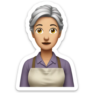 "A middle-aged woman with tired eyes, graying hair tied back, and a warm but worried look. She wears a simple dress with an apron in a modest kitchen." sticker