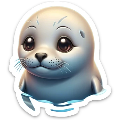 Cinematic Cute Seal Portrait Emoji, Head tilted playfully and inquisitively, with a shiny, smooth body accented by a subtle blush and round, sparkling eyes, Simplified yet irresistibly adorable features, highly detailed, glowing with a warm, friendly aquatic glow, high shine, affectionate and lively, stylized with a touch of endearing charm, soft glowing outline, capturing the essence of a mischievous marine friend that feels like it could pop out of the screen into your arms! sticker
