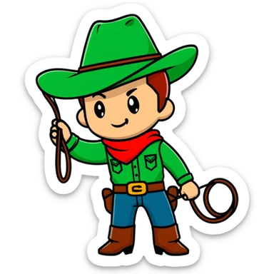 Cowboy wearing a green hat with a lasso sticker