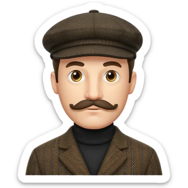 Big mustache sideburns sport coat black turtleneck tweed flat cap squinty eyes sticker
