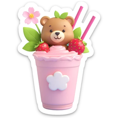 A strawberry milkshake cup with a straw, a cute bear peeking out, two strawberries with green leaves, and pink cherry blossom flowers, in 3D iOS style, pastel colors, soft shadows, clean and minimalistic design sticker