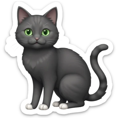 full body gorgeous solid dark grey cat with green eyes, white paws and white whiskers stretching like a cat sticker