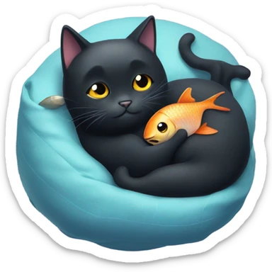 Black Cat snuggling with a fish friend sticker