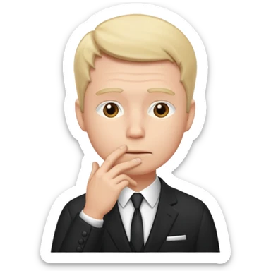 white man in formal suit thinking hard, hand to mouth sticker