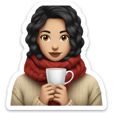 White girl black hair in a sweater and scarf sipping tea  sticker
