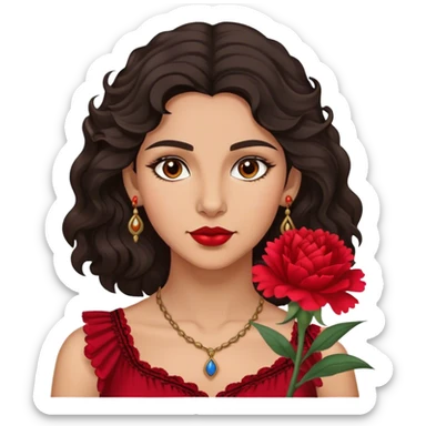 A Gypsy-origin woman with dark wavy hair, a single red carnation behind one ear, and a confident gaz sticker