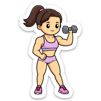 brunette girl in gym wear lifting a dumbbell, cartoonish sticker style sticker