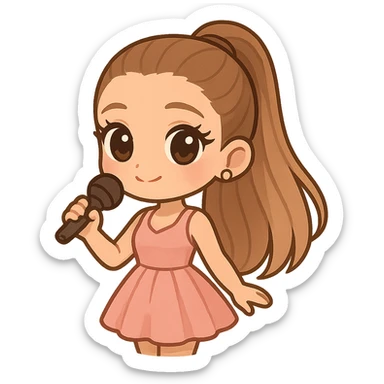 Ariana Grande in chibi style with oversized eyes, high ponytail, pink dress, holding a microphone sticker