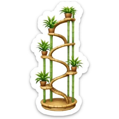Large futuristic multi-tier multi-level spiral step plant rack constructed from thin bamboo poles  sticker