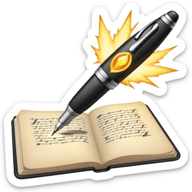 pen writing on a page with a glowing spark sticker