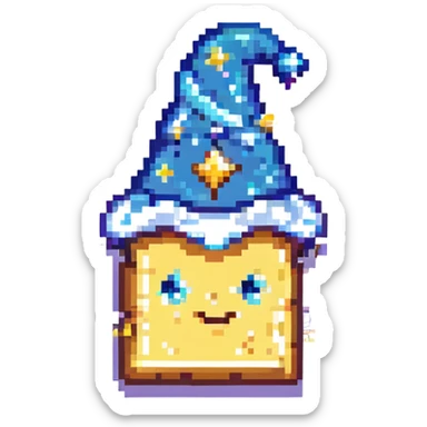 whimsical pixel art butter slice with a starry wizard hat and magical sparkles sticker