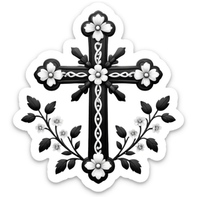 a black and white detailed cross with black and white flower sticker