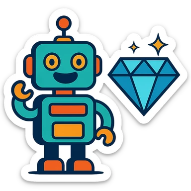 smiling robot and a large blue diamond sticker