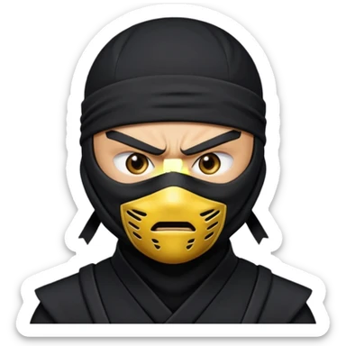 angry ninja face emoji, classic yellow emoji style, all black ninja mask, no mouth visible, scowling eyes, black ninja headband tie sticker