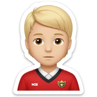 SARI SAÇLI SAÇININ YARISI SOLA DOĞRU DİĞERİNİN SAĞ TARAFTA AMA DÜZ DURAN KAHVERENGİ GÖZLÜ UZUN KİRPİKLİ BUĞDAY RENKLİ KIRMIZI ÜNİFORMALI BİR ERKEK ÇOCUK sticker