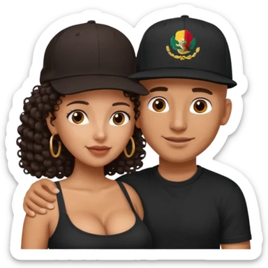 A picture of an embracing tanned couple. the man is a Mexican man with tanned skin, with a bald hair cut wearing a SnapBack hat and a black shirt. the woman has curly longer dark brown hair, thick and with big boobs   sticker