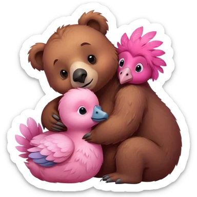 A cute realistic brown bear and a realistic cute pinkdodo closely snuggled together sticker