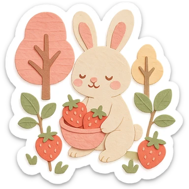 A bunny picking strawberries in the woods, sweet pastel red theme, soft pastel colors, paper-craft style, transparent background sticker