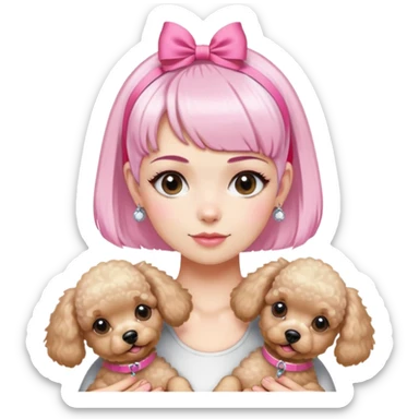 short pixie bangs platinated woman pink hair band，fair-skinned ,no earringsholding two poodles sticker