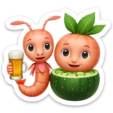 Emoji-style food mascots, NOT human.
Two cute shrimp characters, simple cartoon faces, big round eyes, small smiles.
One shrimp holding a beer mug with foam, the other holding an aguachile bowl with cucumber and chili.
Flat + soft 3D style, clean shapes, no human facial details, no realistic skin.

 sticker