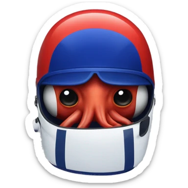 Red octopus with royal blue racing helmet with a white thick stripe vertically in the middle accross the helmet and navy blue visor sticker
