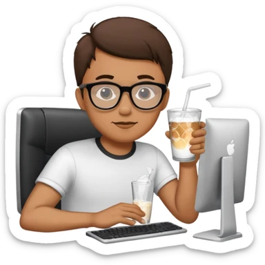 Hombre tomando blanco un refresco frente a un ordenador sticker