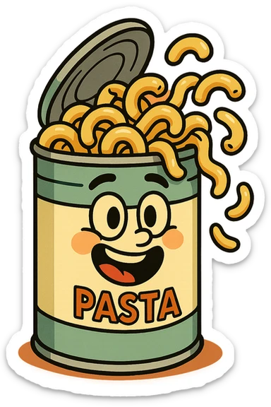 cartoon style canned pasta can, smiling can with pasta spilling out, playful, bold colors, transparent background sticker