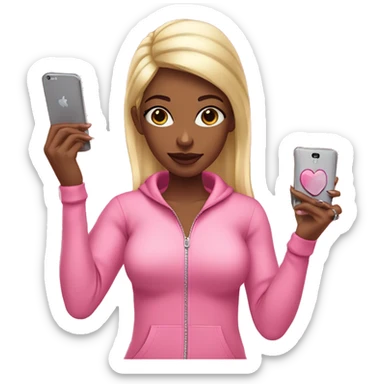 Standing girl emoji: pink tracksuit, hoop earrings, pink lips, lashes, nails. Poses: peace sign, nails, phone, arms crossed." sticker