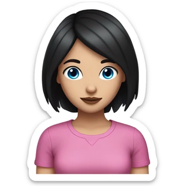 White girl with straight black hair wearing fox ears with a pink top and blue eyes sticker