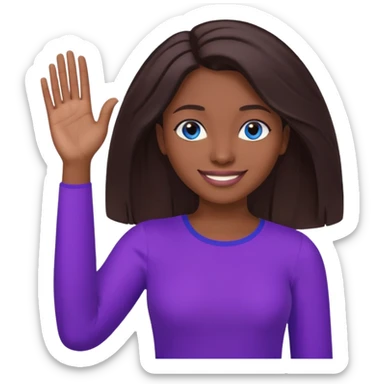 Dark brown hai woman with shoulder-length hair, blue eyes, wearing a purple top, smiling with one hand raised to the side, palm facing up. The gesture looks like she’s presenting something, offering help, or saying “Here you go!”

 sticker