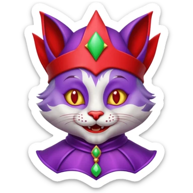 crazy colorful cute little cat jolly joker from poker, medieval, vintage, court jester, mac os icon, purple and red color, silver inserts, half body sticker