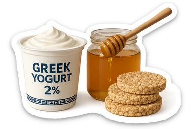 Yogurt Greco 2%
Miele
Gallette di Riso
vista frontale, iperrealistico 4k sticker