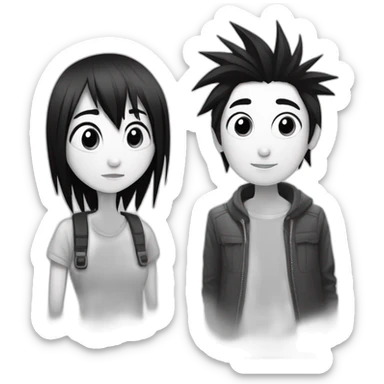 dog and a dark-haired girl with spiky hair looking at each other in style of ((sarah andersen)), black and white sticker