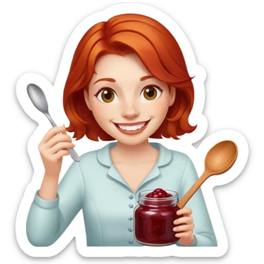 redhead woman with big smile taking some jam with a spoon from glass jar sticker