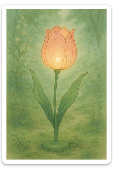 a lamp made out of a tulip flower, the bulb in the flower, natural colors, soft, fairy-like atmosphere,  sticker