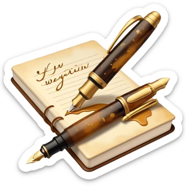 Create a vibrant emoji representing prose writing. The design should include a classic fountain pen or quill, an open notebook or a typewriter, with flowing text emerging from it. Use warm, earthy tones like brown, gold, and cream, along with subtle ink splatters to add a creative and artistic touch. The emoji should convey the idea of storytelling, creativity, and literary elegance. Make the background transparent. sticker