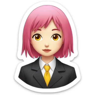 (gril) makima from the manga chainsawman with pink/red hair fringe, yellow eyes with a circle inside and a white shirt with a tie and a black straight coat sticker