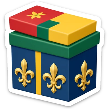  flag with 4 boxes: box1:gold fleur-de-lis on deep blue/black; box2:green, yellow, red stripes in upper right and lower left (box3) with green star in upper right; box4:yellow castle on red in lower right. Flat vector, clean, high contrast, clear at small size. sticker