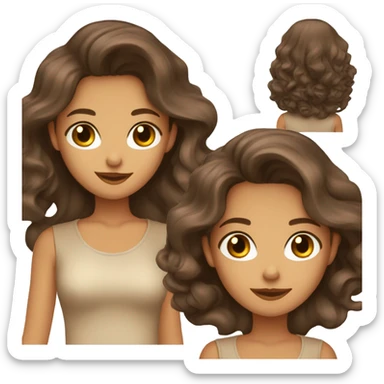 a charming tanned woman long wavy chocolate hair, caramel eyes, beige shirt sticker