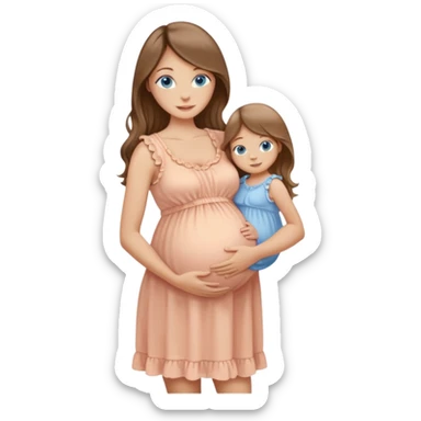 Beautiful Woman with Blue eyes, and long flowing almond brown hair and a light peachy tan skin tone, standing in a relaxed pose holding her baby bump with a visible baby bump in frilly buttercream colored babydoll sundress  sticker