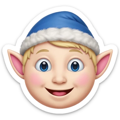 A blue emoji with fat pink cheeks and is smiling like a elf sticker